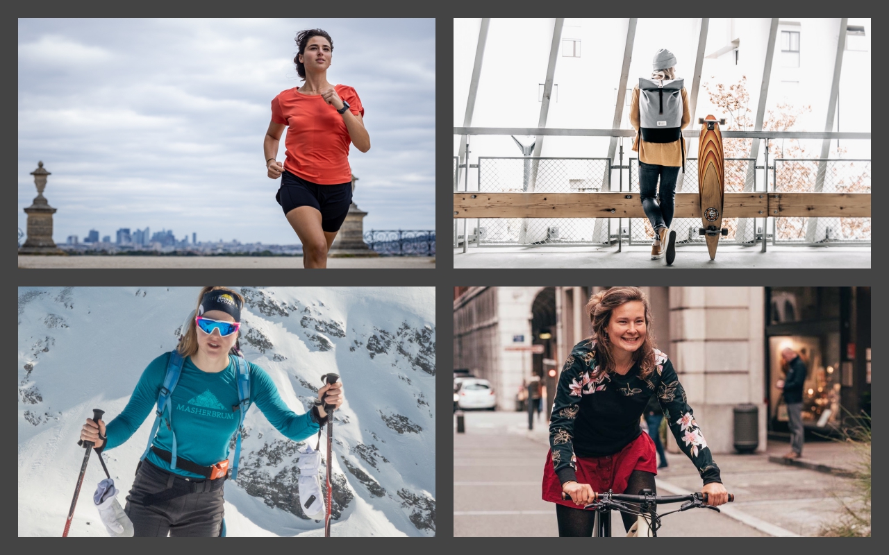 Snowflike - collage images de femmes sportives - running - ski de randonnée - velo - skateboard