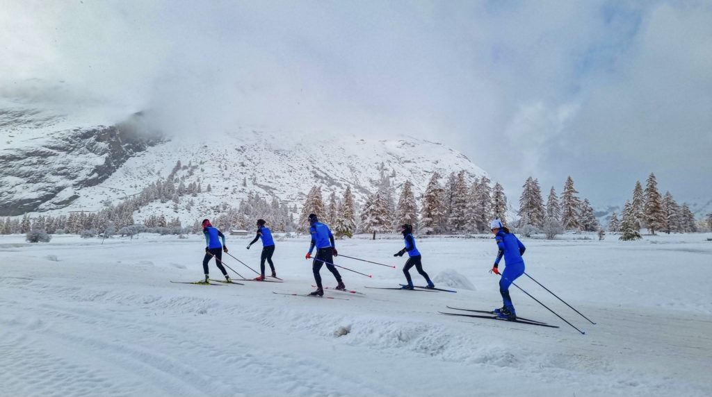 Equipe de France féminine de biathlon à l'entraînement à Bessans, novembre 2021.