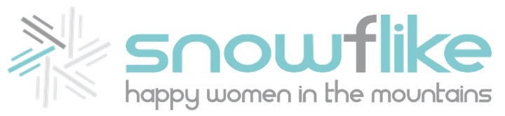 Logo snowflike happy women in the mountains.