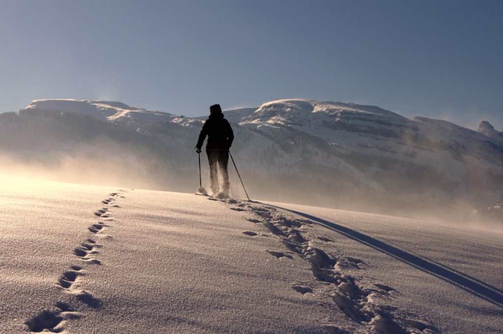 Randonneuse qui marche dans la neige avec ses bâtons.