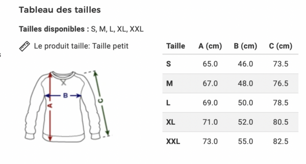 Tableau mesures sweat-shirt classique snowflike.